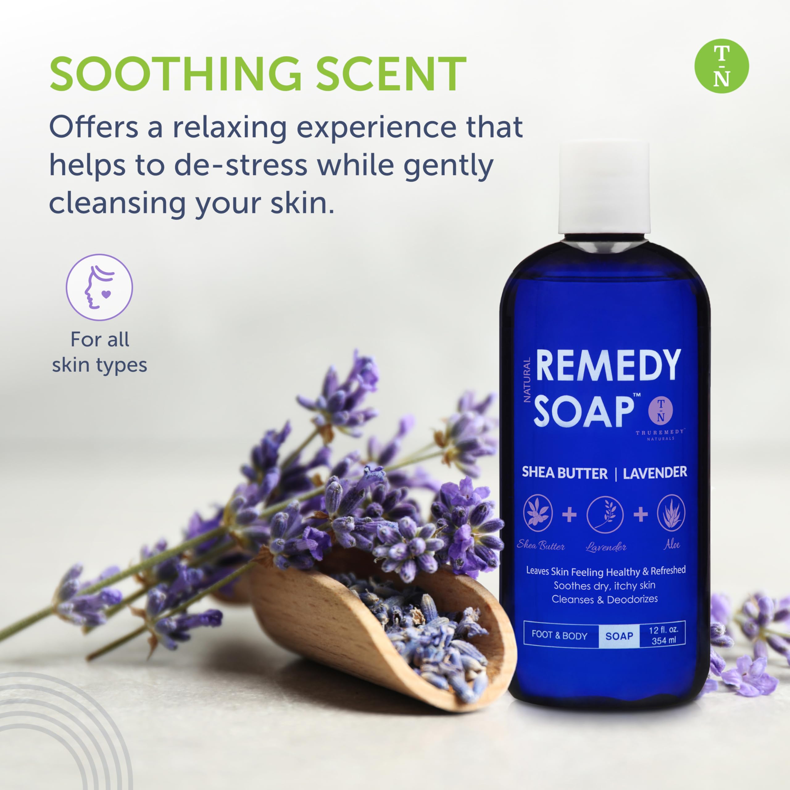 Truremedy Naturals Lavender Shea Butter Body Wash lather for creamy, gentle cleansing.
