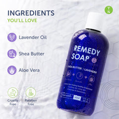 Truremedy Naturals Lavender Shea Butter Body Wash lavender flowers convey calming aromatherapy.