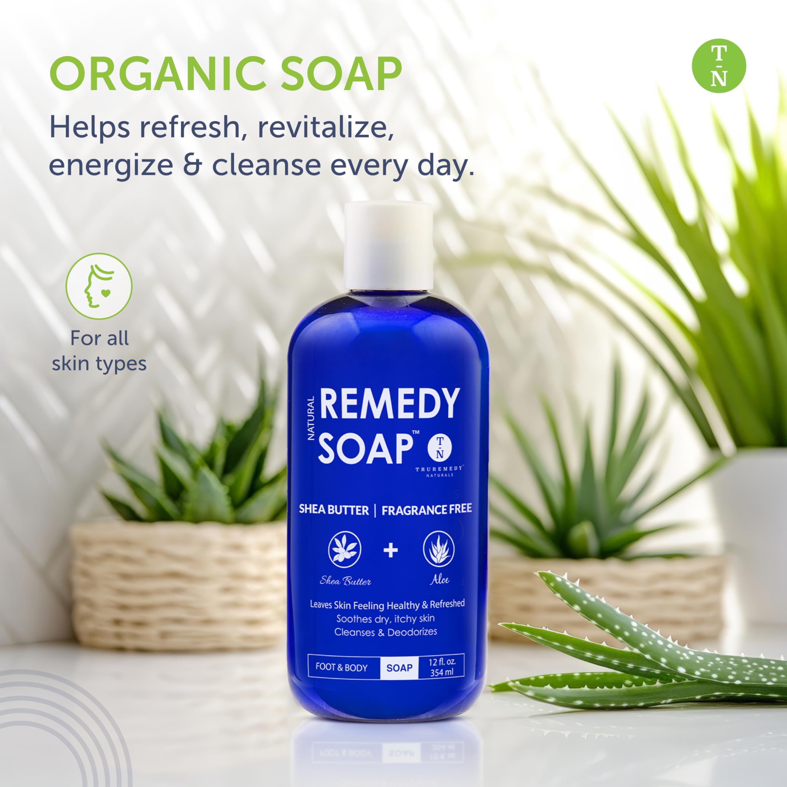 Truremedy Naturals Shea Butter No Fragrance Body Wash bottle pour for quick refreshing cleanse.
