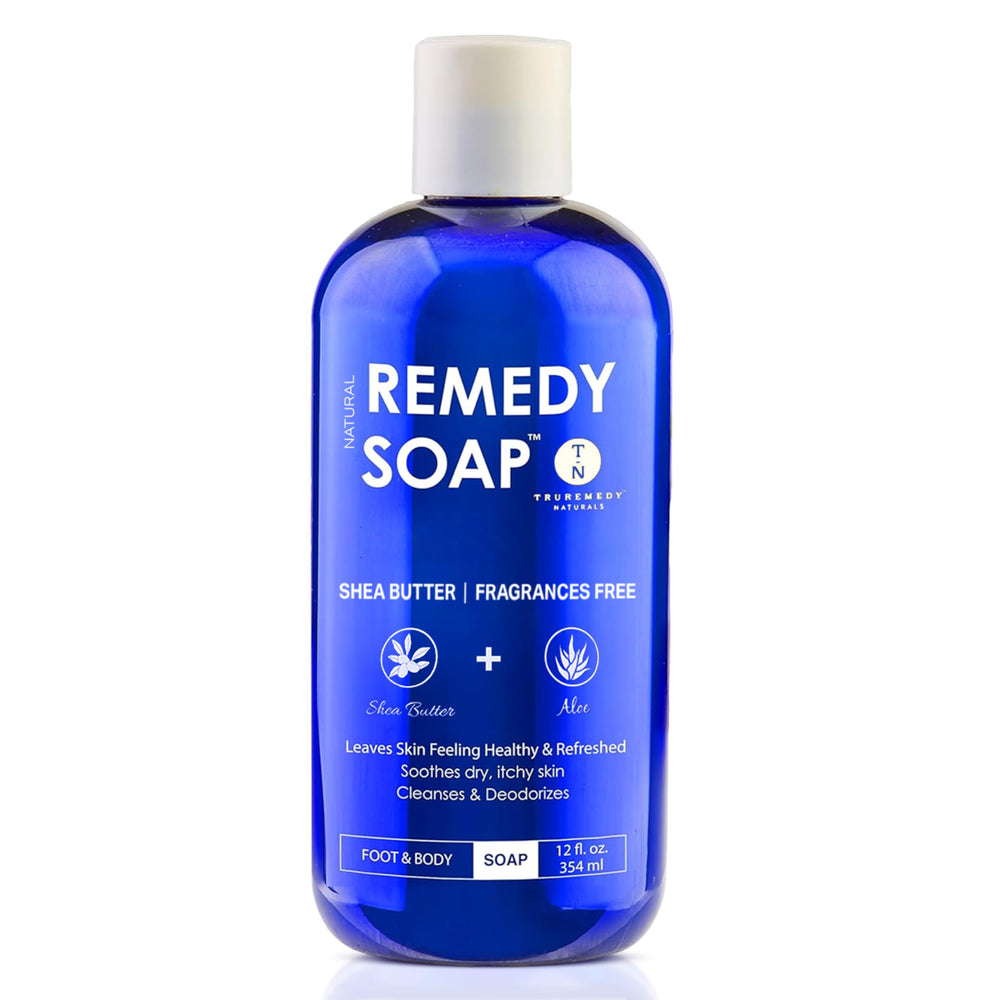 Truremedy Naturals Shea Butter No Fragrance Body Wash label highlights fragrance-free hydration.