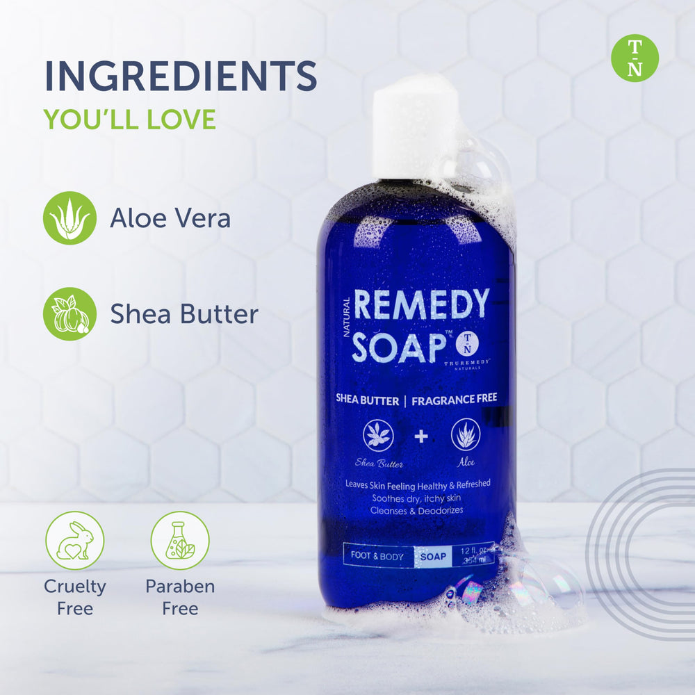 Truremedy Naturals Shea Butter No Fragrance Body Wash lathering on skin for gentle hydration.