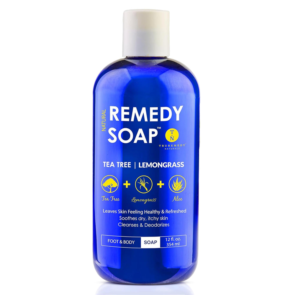 Truremedy Naturals Tea Tree Lemongrass Body Wash bottle ready for use, refreshing cleanse.