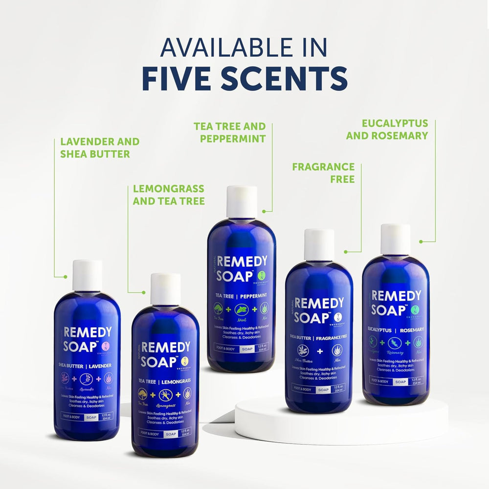 Close-up shows organic oils and aloe in Truremedy Naturals Body Wash.