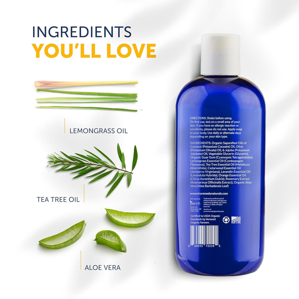 Truremedy Naturals Body Wash ingredients reveal organic oils and aloe for skin hydration.