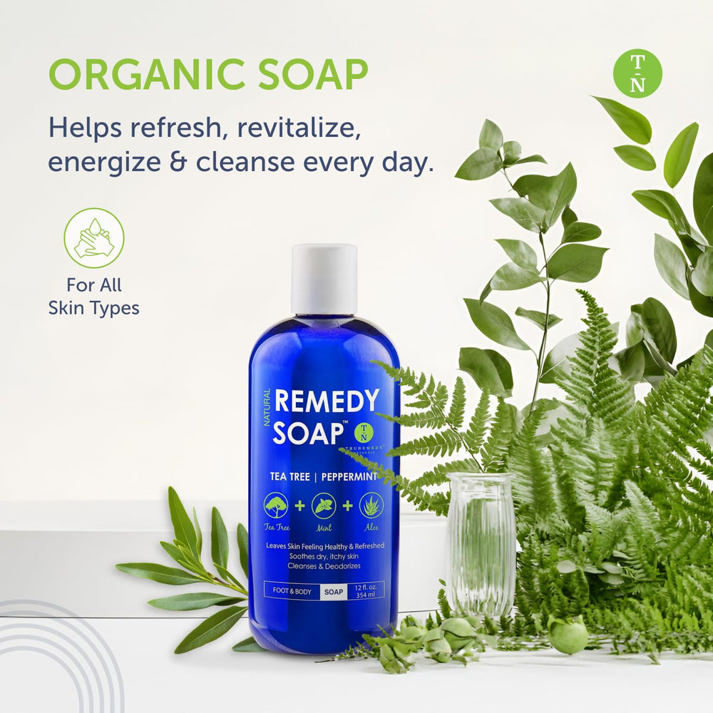 Truremedy Naturals Tea Tree Oil Body Wash ingredients closeup highlights peppermint and eucalyptus aroma.