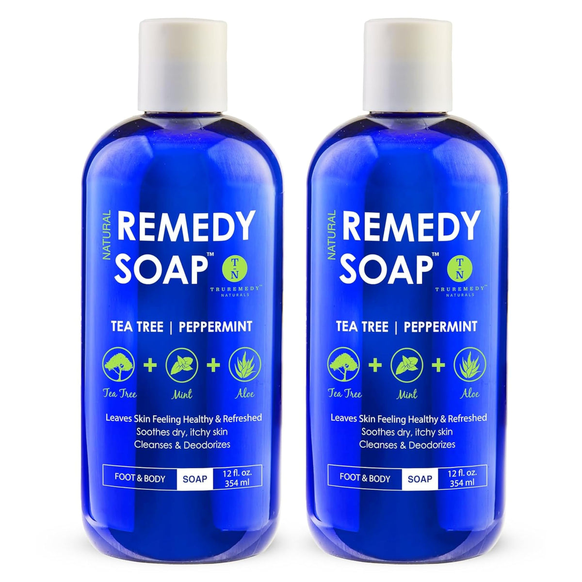 Truremedy Naturals Tea Tree Oil Body Wash front label shows pack of two for versatile cleansing.