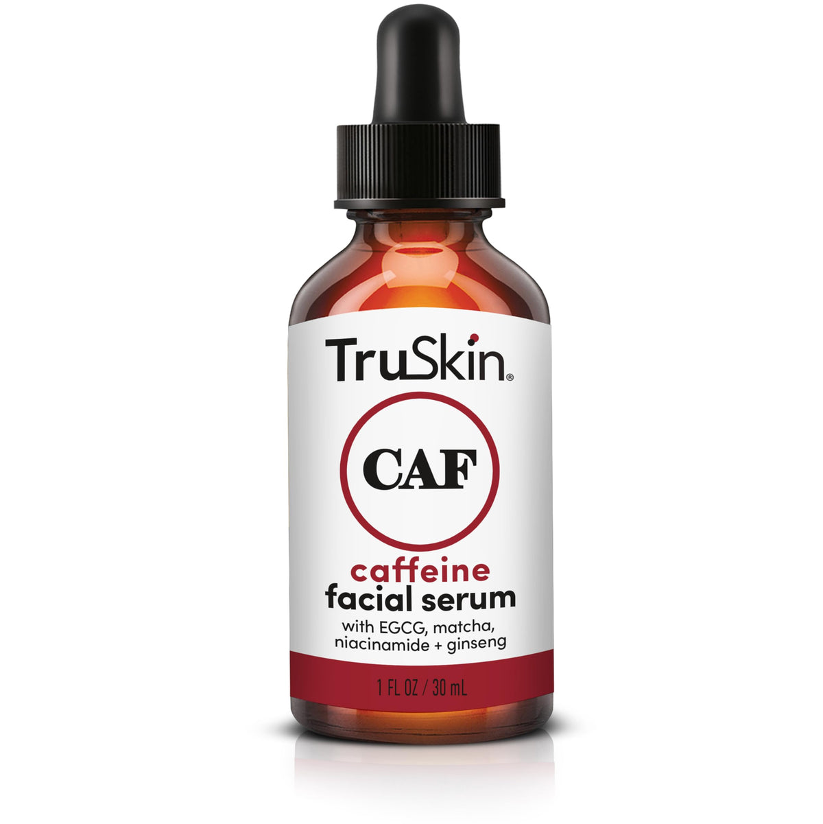 TruSkin Caffeine Serum bottle closeup highlighting the energizing formula for refreshed skin