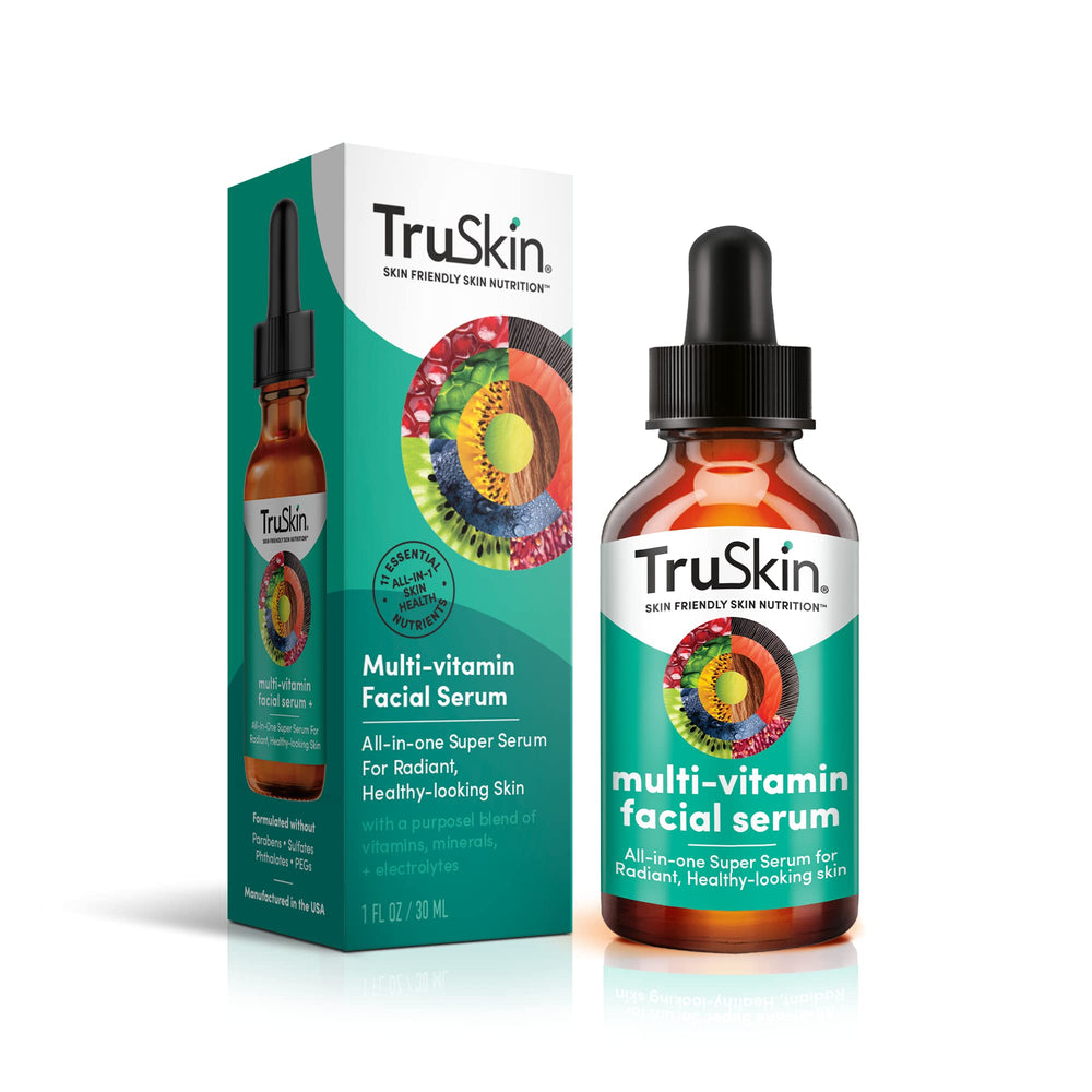 TruSkin facial serum bottle closeup shows ultralight texture for daily hydration.