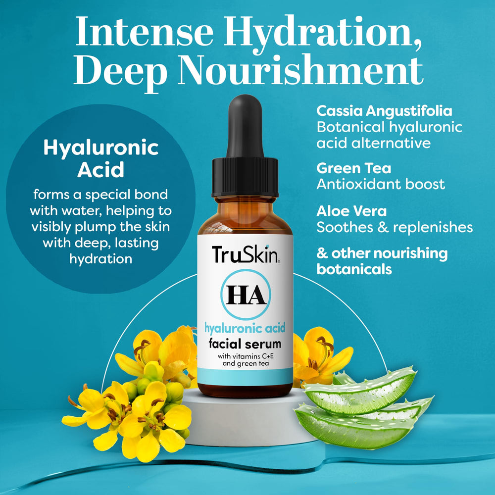 TruSkin Hyaluronic Acid Serum being applied to skin for enhanced hydration.