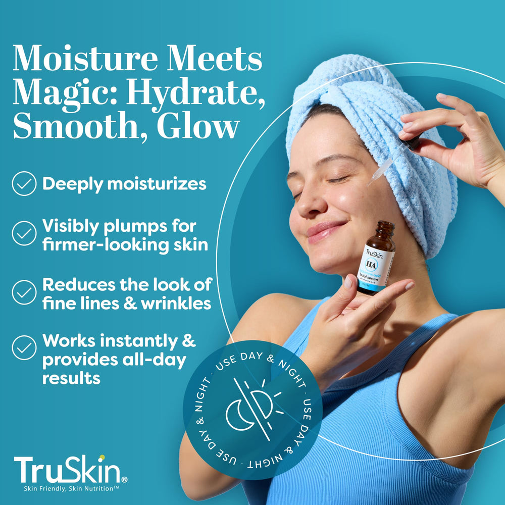 TruSkin Hyaluronic Acid Serum before and after demonstrating noticeable skin improvement.
