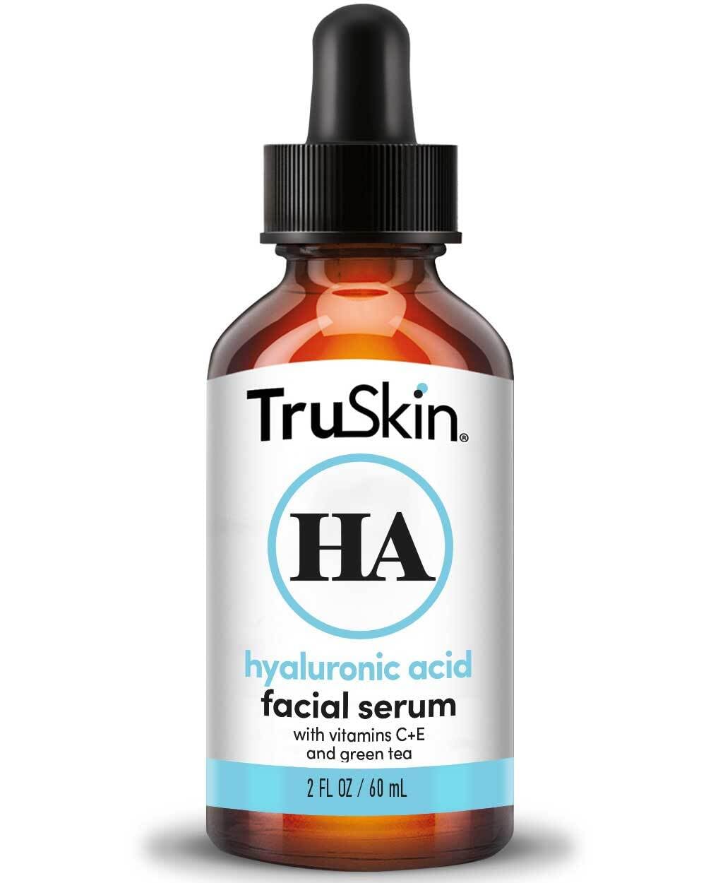 TruSkin Hyaluronic Acid Serum bottle showcasing ultra-hydrating benefits for skin.