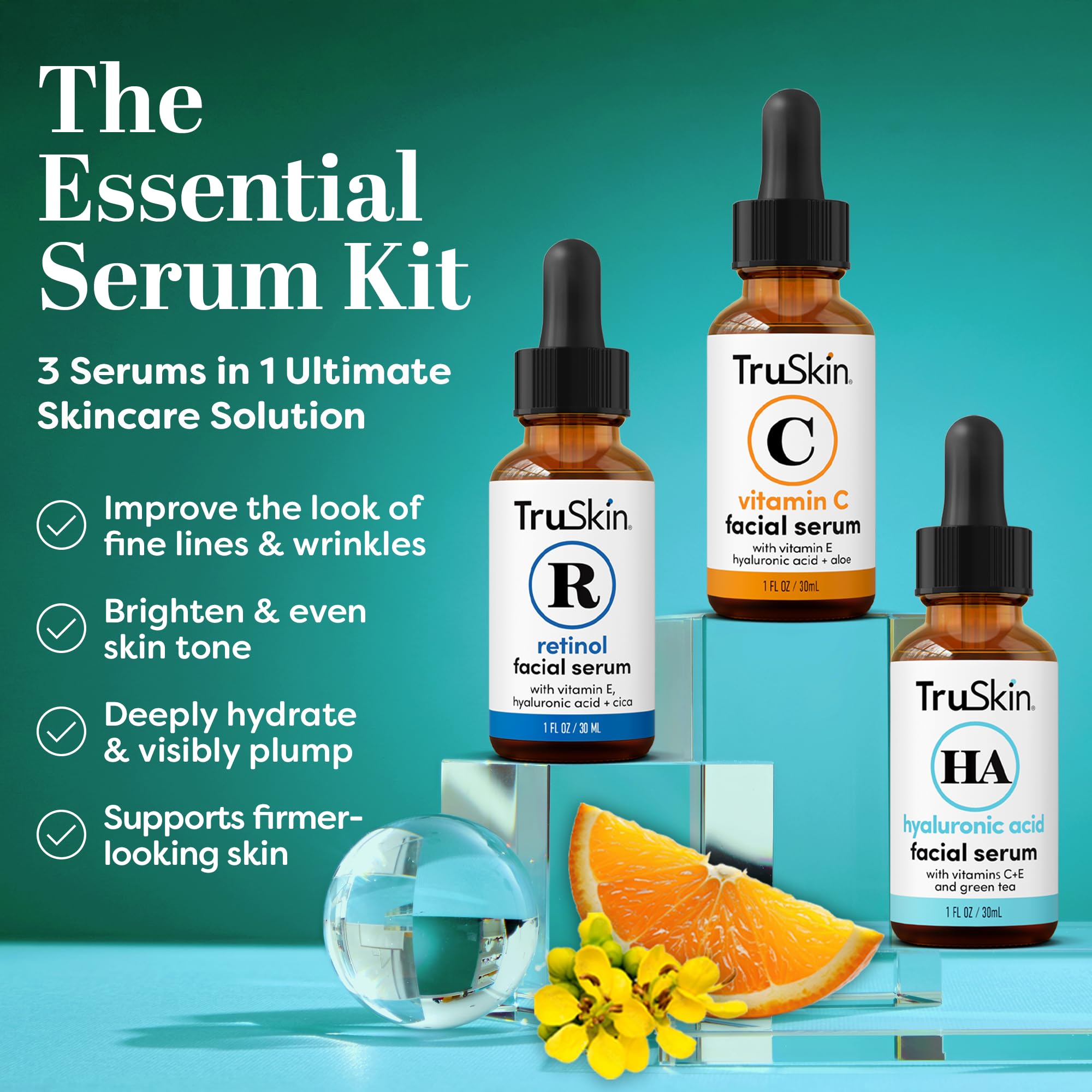 TruSkin Hyaluronic Acid Serum bottle highlights deep hydration for plump-looking skin.