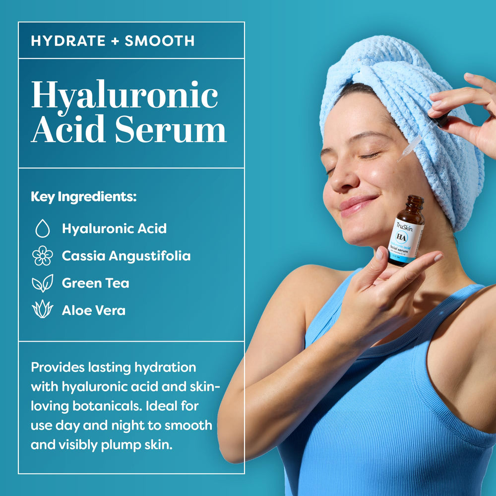 TruSkin Hyaluronic Acid Serum drop close-up shows soothing hydration during routine.