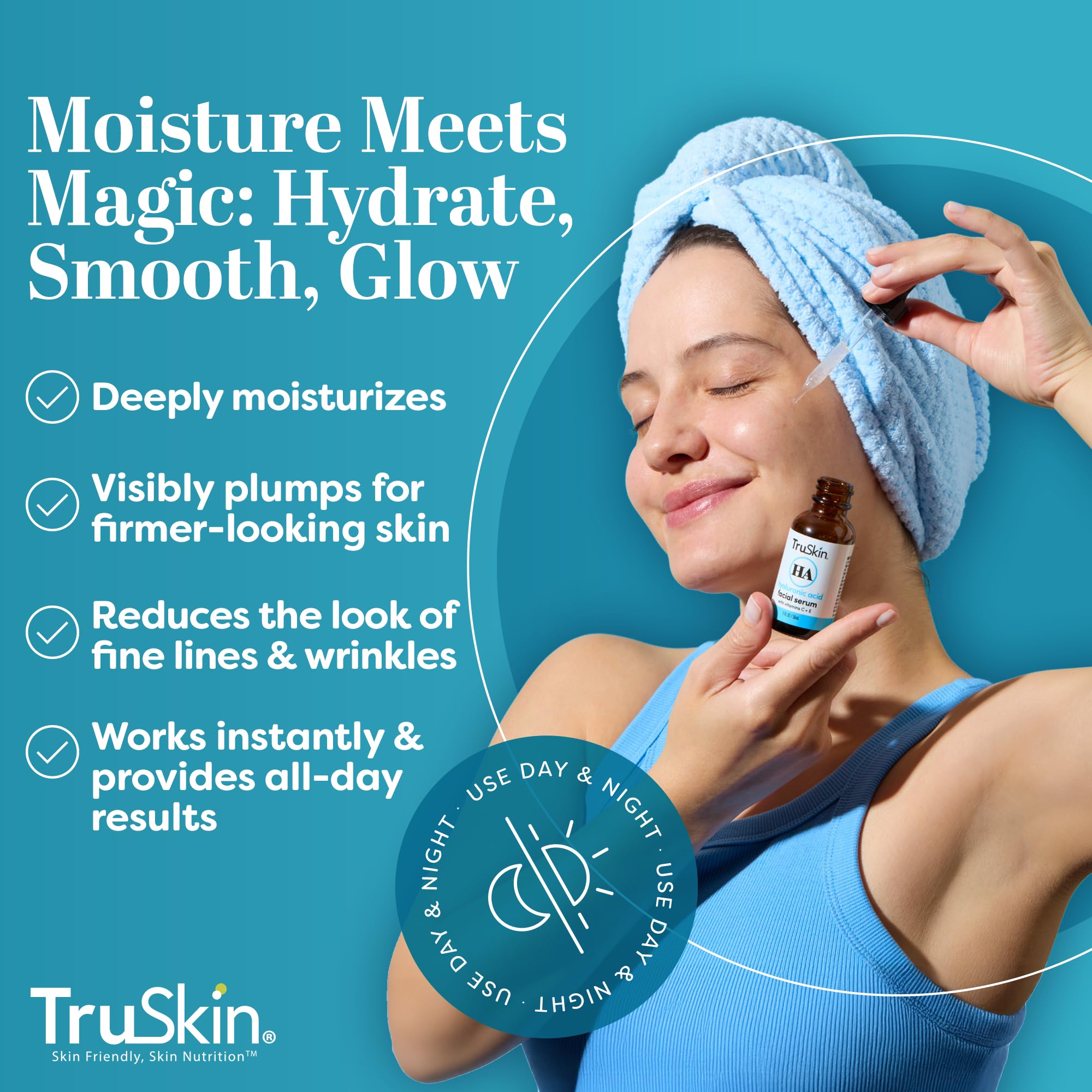 TruSkin Hyaluronic Acid Serum on skin demonstrating its plumping effect.