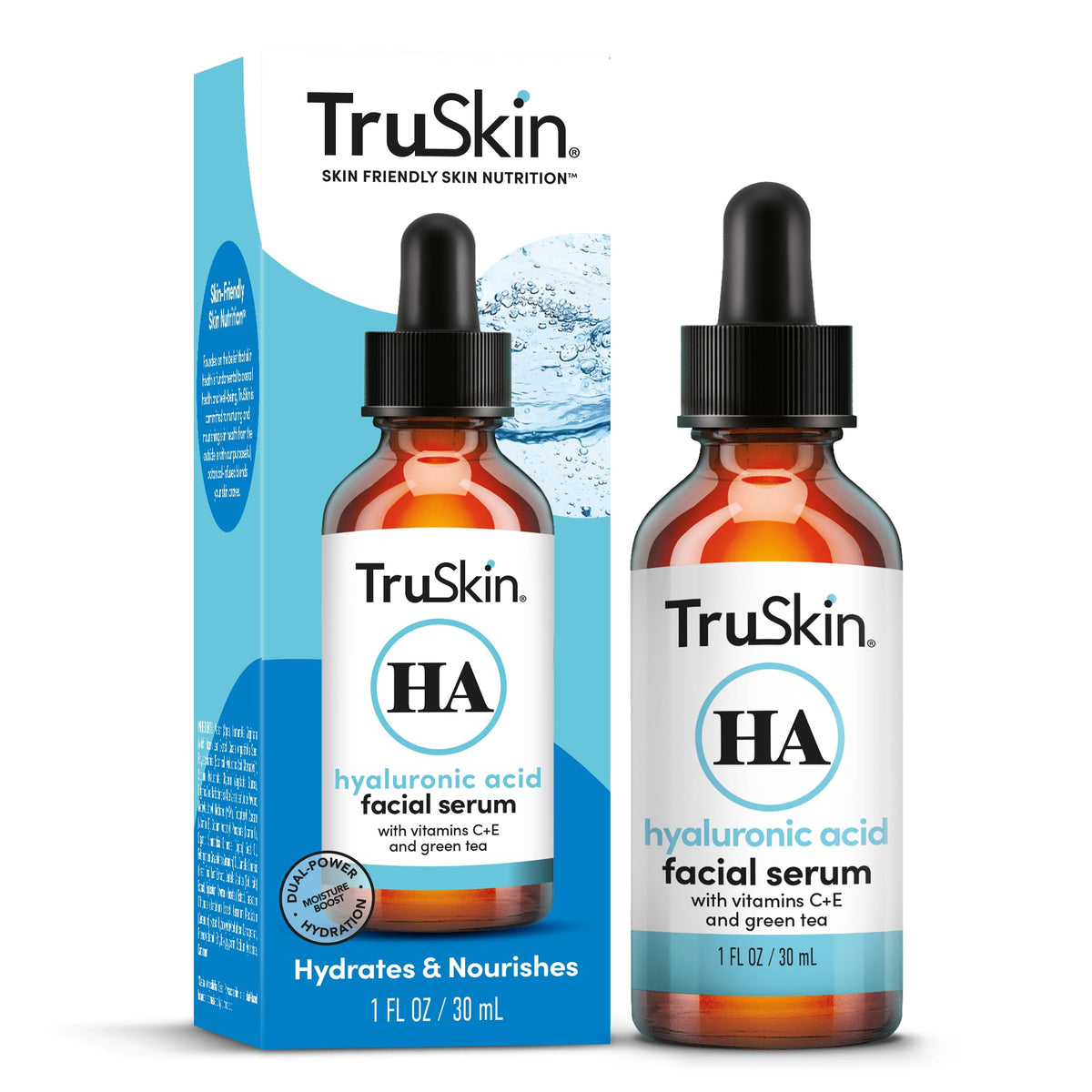 TruSkin Hyaluronic Serum bottle showcases dual hydration for smoother, plumper-looking skin.