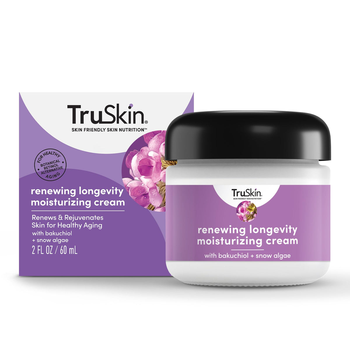TruSkin Longevity cream bottle closeup for daily hydration and aging support.