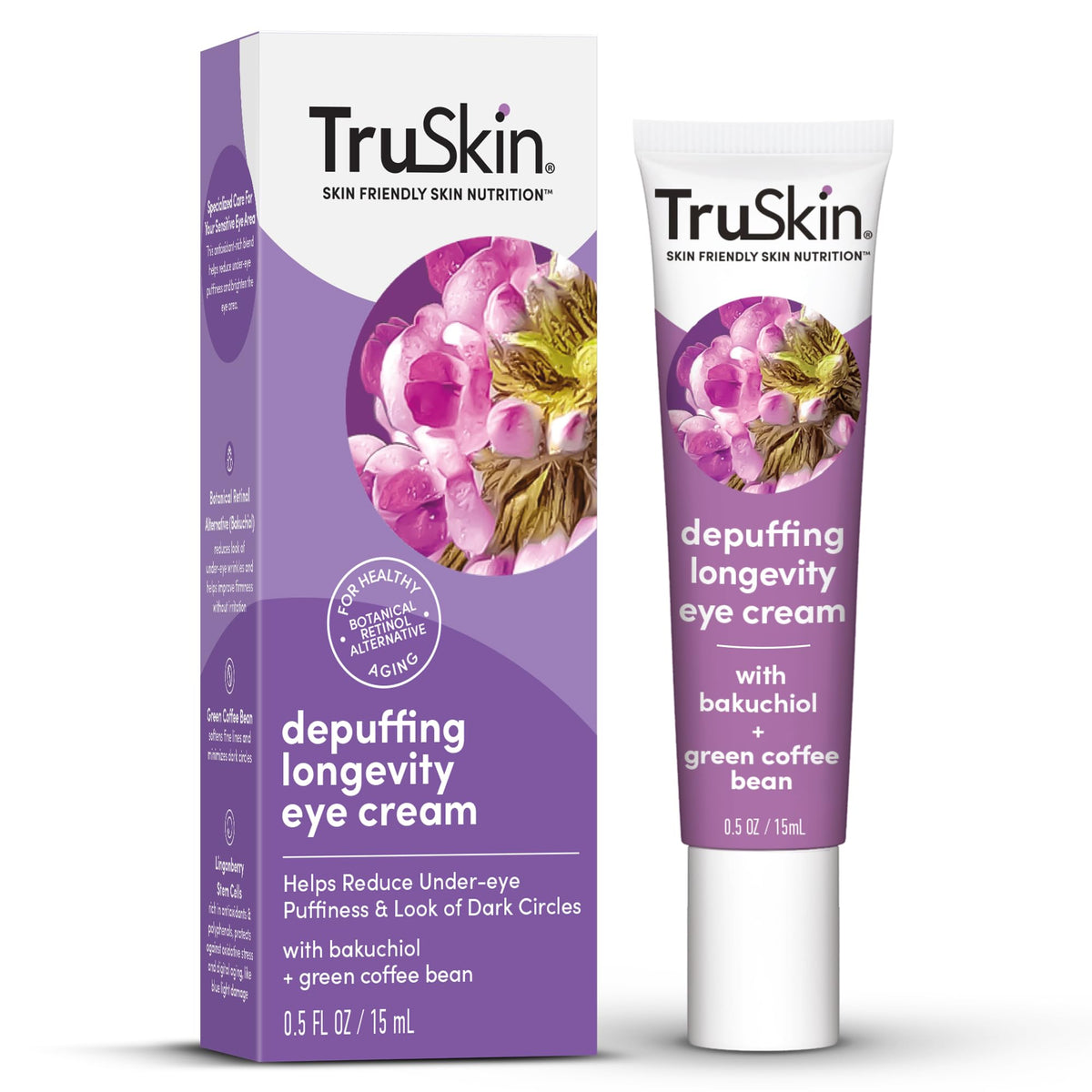 TruSkin Longevity Eye Cream bottle closeup shows hydrating formula for a refreshed under-eye look