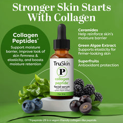 TruSkin Pro Collagen Serum bottle closeup highlights peptide complex for potential elasticity support