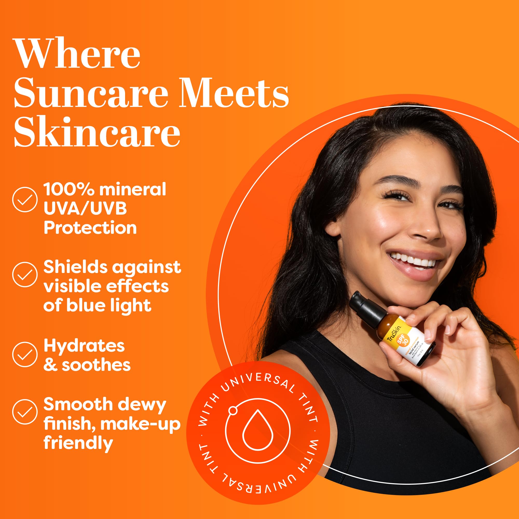 TruSkin sunscreen serum face-tinted application shows sheer tint for natural glow.