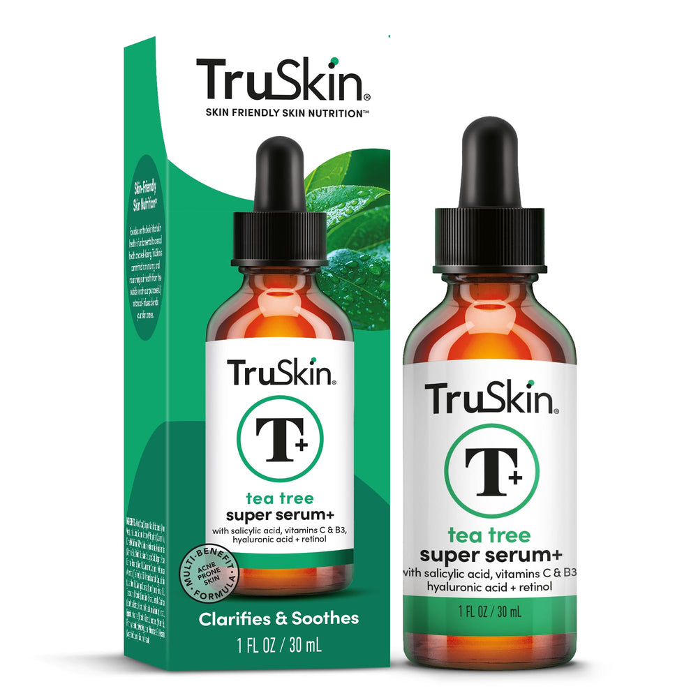 TruSkin Tea Tree Oil Acne Serum bottle demonstrates pore-refining daily use.
