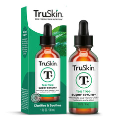 TruSkin Tea Tree Oil Acne Serum bottle demonstrates pore-refining daily use.