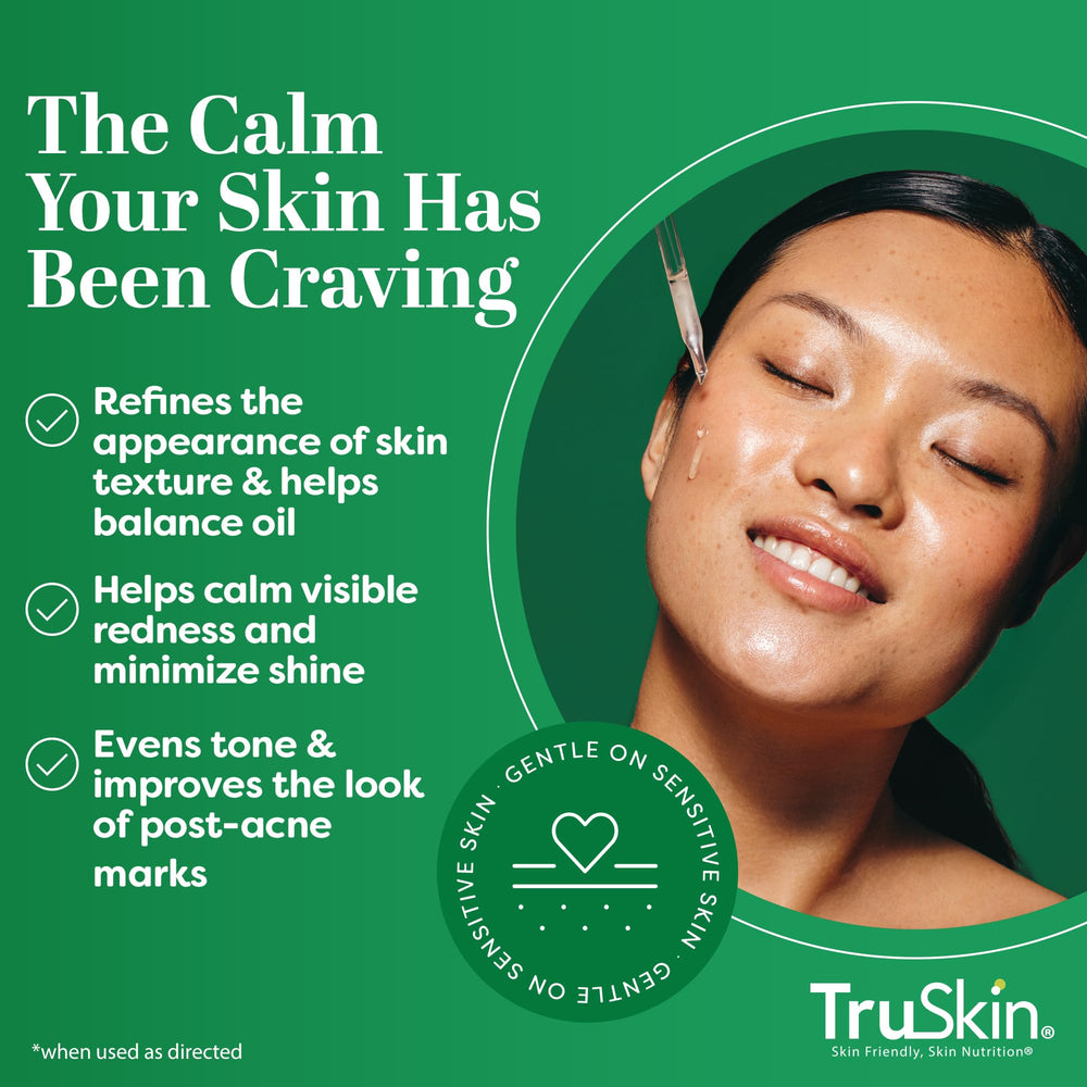 TruSkin Tea Tree Oil Acne Serum ingredients close-up highlight tea tree, salicylic acid, niacinamide.