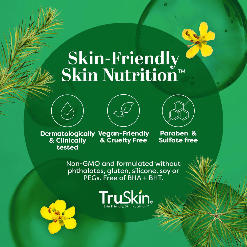 TruSkin Tea Tree Oil Acne Serum imagery suggests improved pore appearance and even tone.