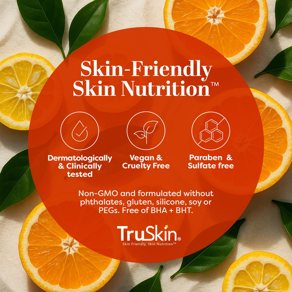 truskin vitamin c gentle face scrub 4 oz bottle on bathroom shelf.