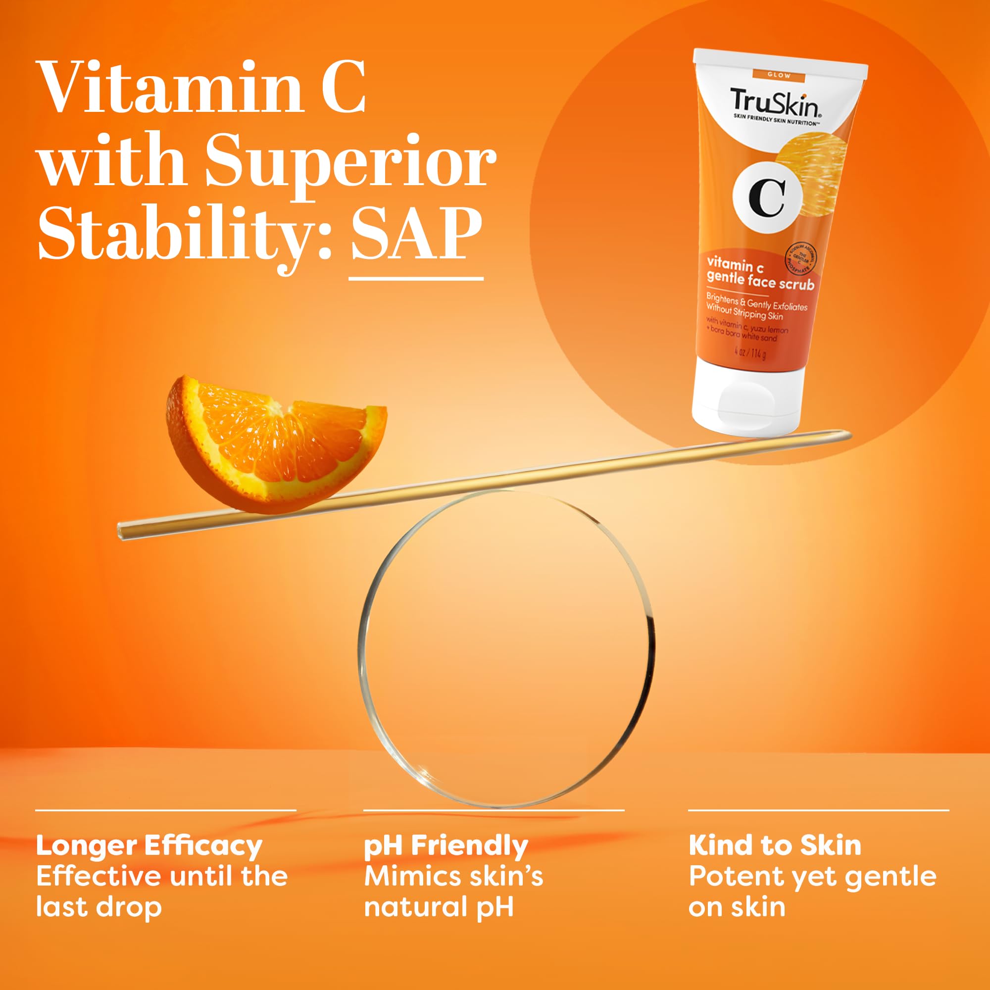 truskin vitamin c gentle face scrub packaging highlights fragrance-free and cruelty-free claims.