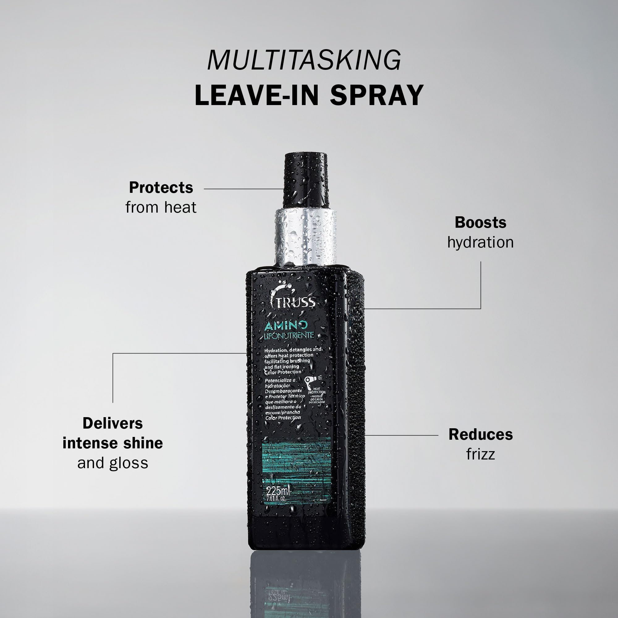 TRUSS Amino Heat Protection Spray label closeup highlighting amino acids and essential oils.