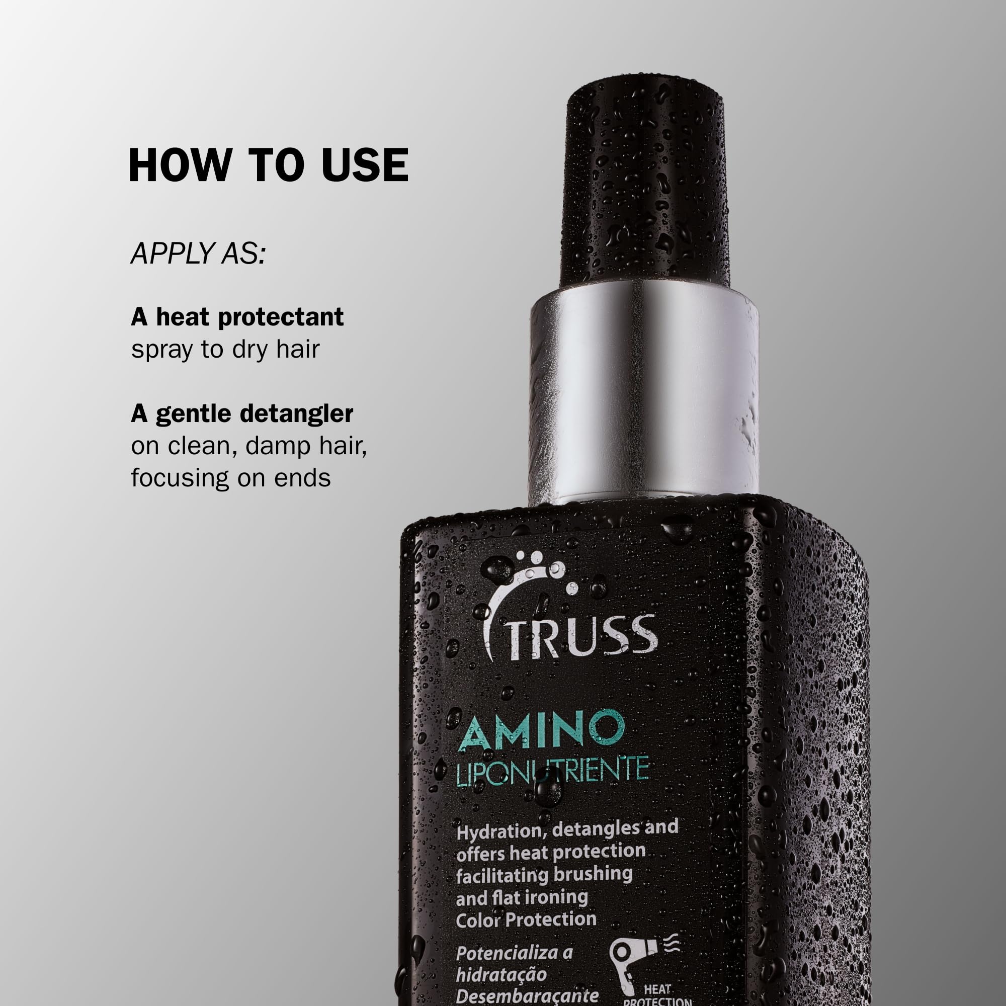 TRUSS Amino Heat Protection Spray leaves hair silky and smooth after use.