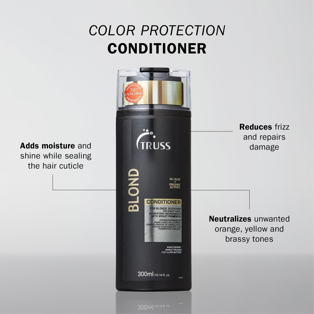 TRUSS Blond Conditioner violet bottle neutralizes brass on blonde hair.