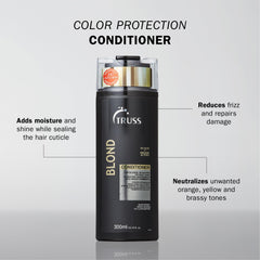 TRUSS Blond Conditioner violet bottle neutralizes brass on blonde hair.