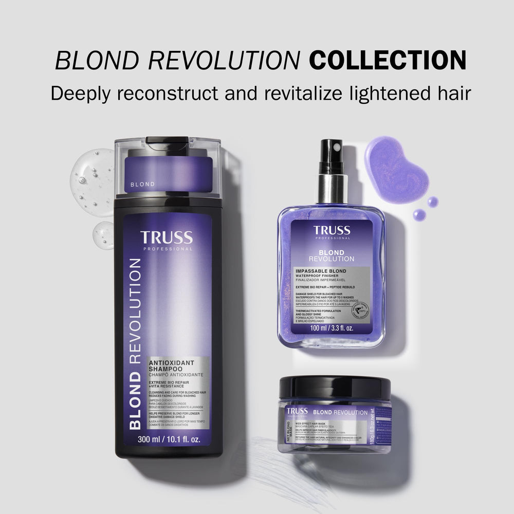 TRUSS Blond Revolution bottle beside blonde hair demonstrating heat protection up to 446F.
