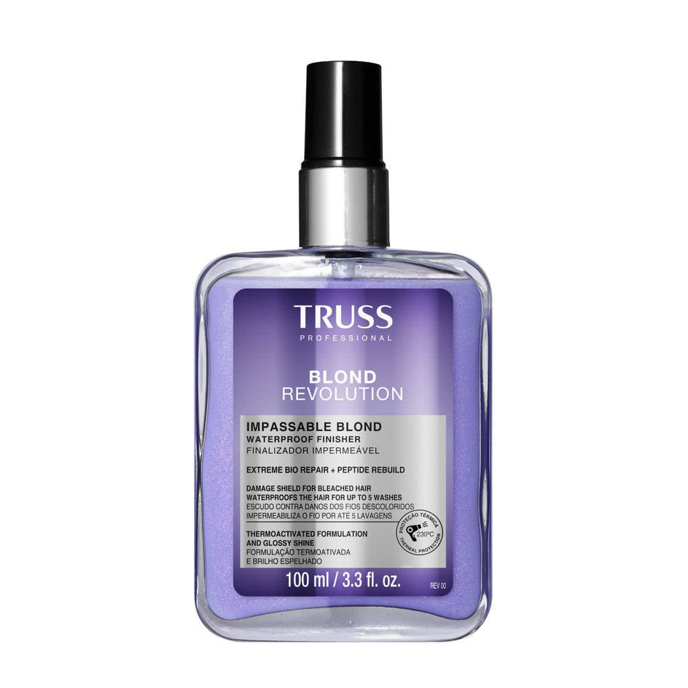 TRUSS Blond Revolution heat protectant bottle showing waterproof protection for blonde hair.