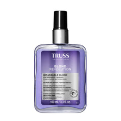 TRUSS Blond Revolution heat protectant bottle showing waterproof protection for blonde hair.