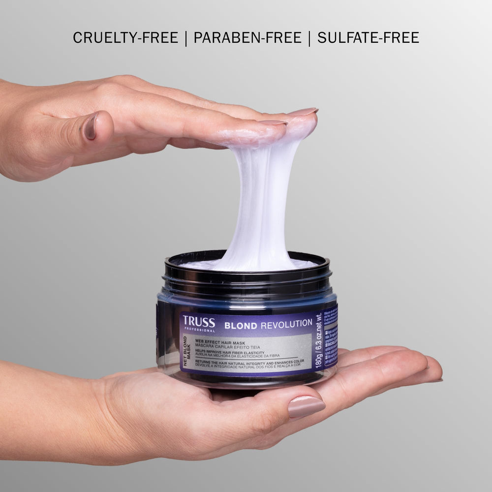 TRUSS Blond Revolution Net Blond Hair Mask application on hands showing nourishing care.