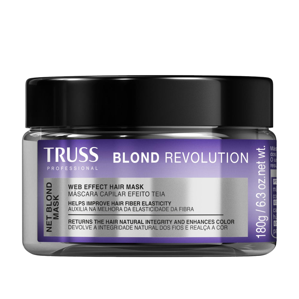 TRUSS Blond Revolution Net Blond Hair Mask jar close-up showing creamy texture for color refreshment.