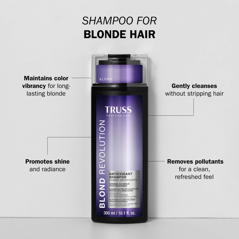 TRUSS Blond Revolution Shampoo pour describes even distribution for color-treated locks
