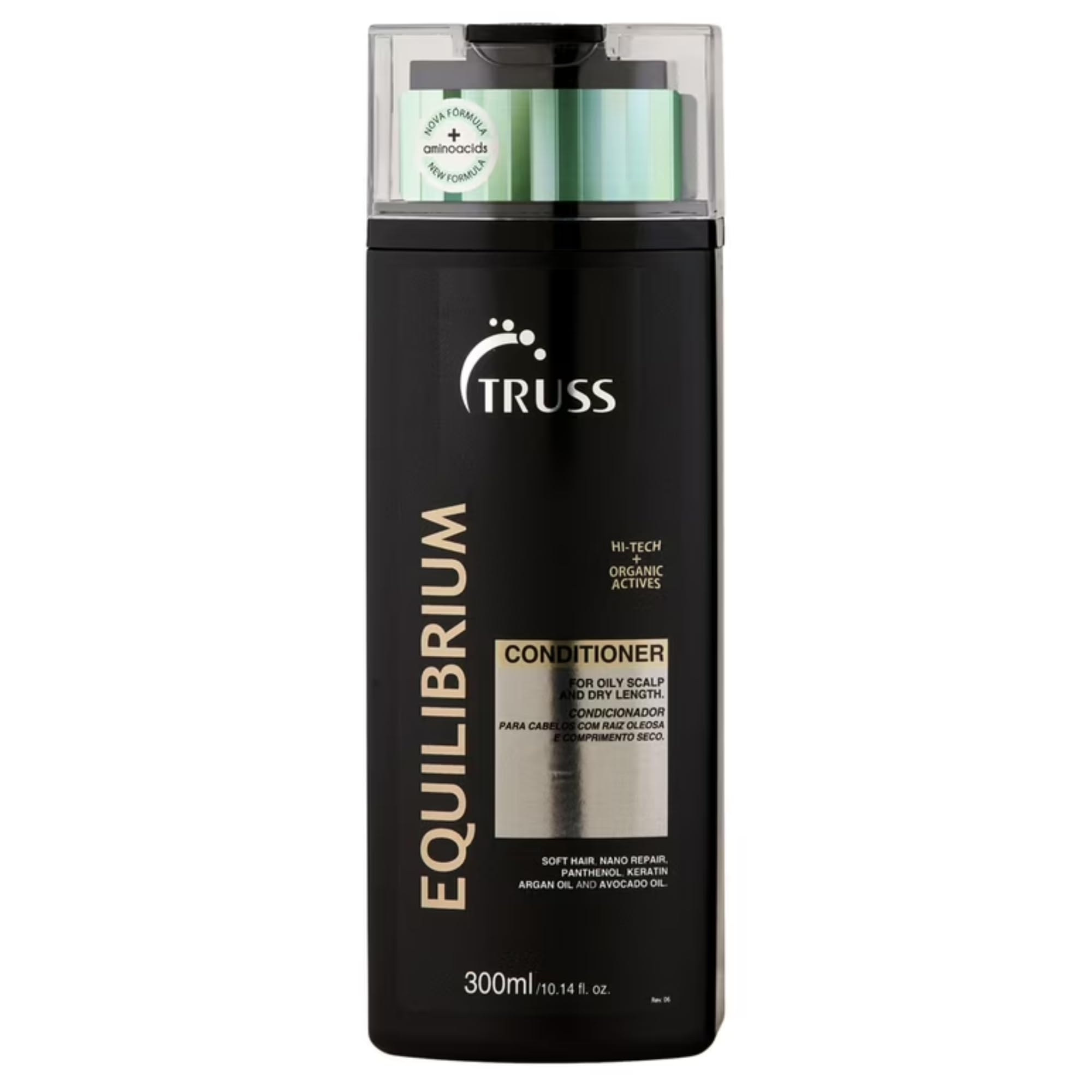 TRUSS Equilibrium bottle pour demonstrates lightweight hydration for oily scalp.