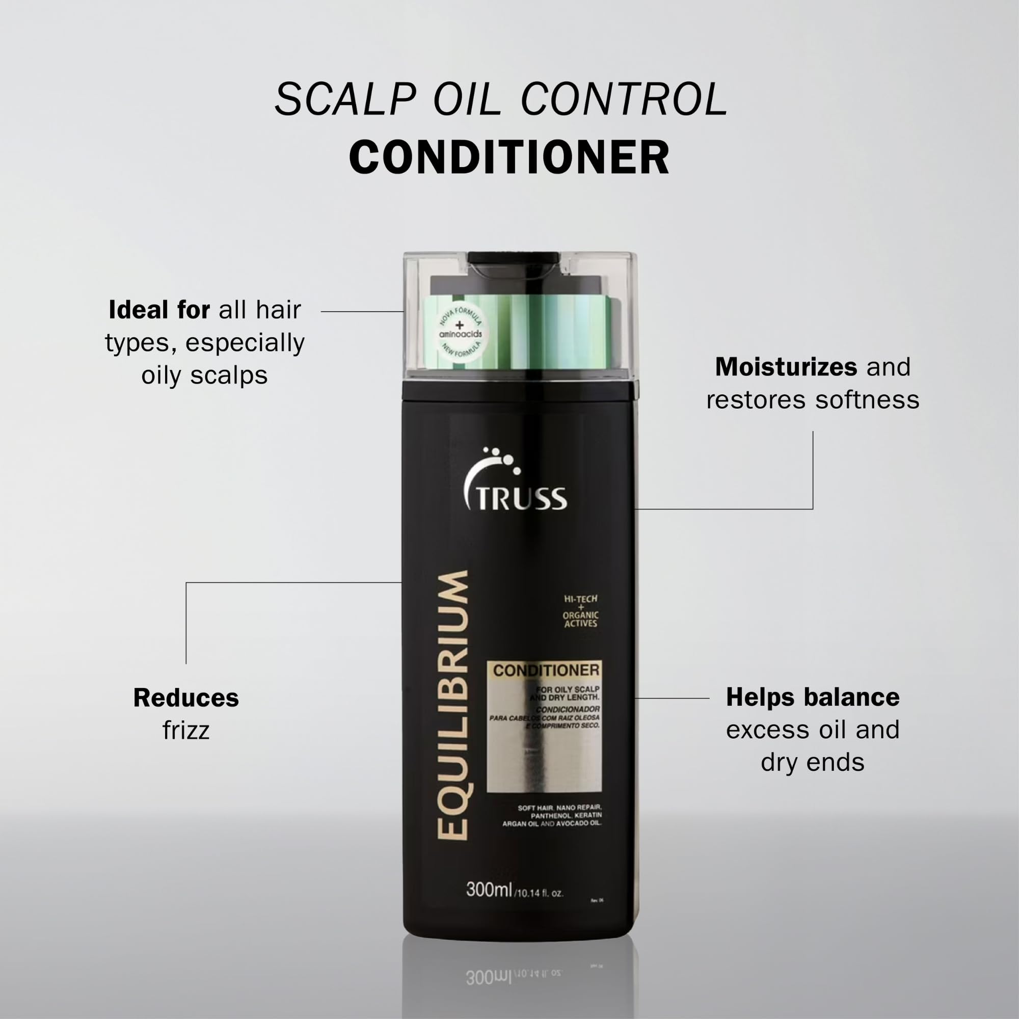 TRUSS Equilibrium keratin argan ingredients close-up highlight nourishing conditioning for ends.