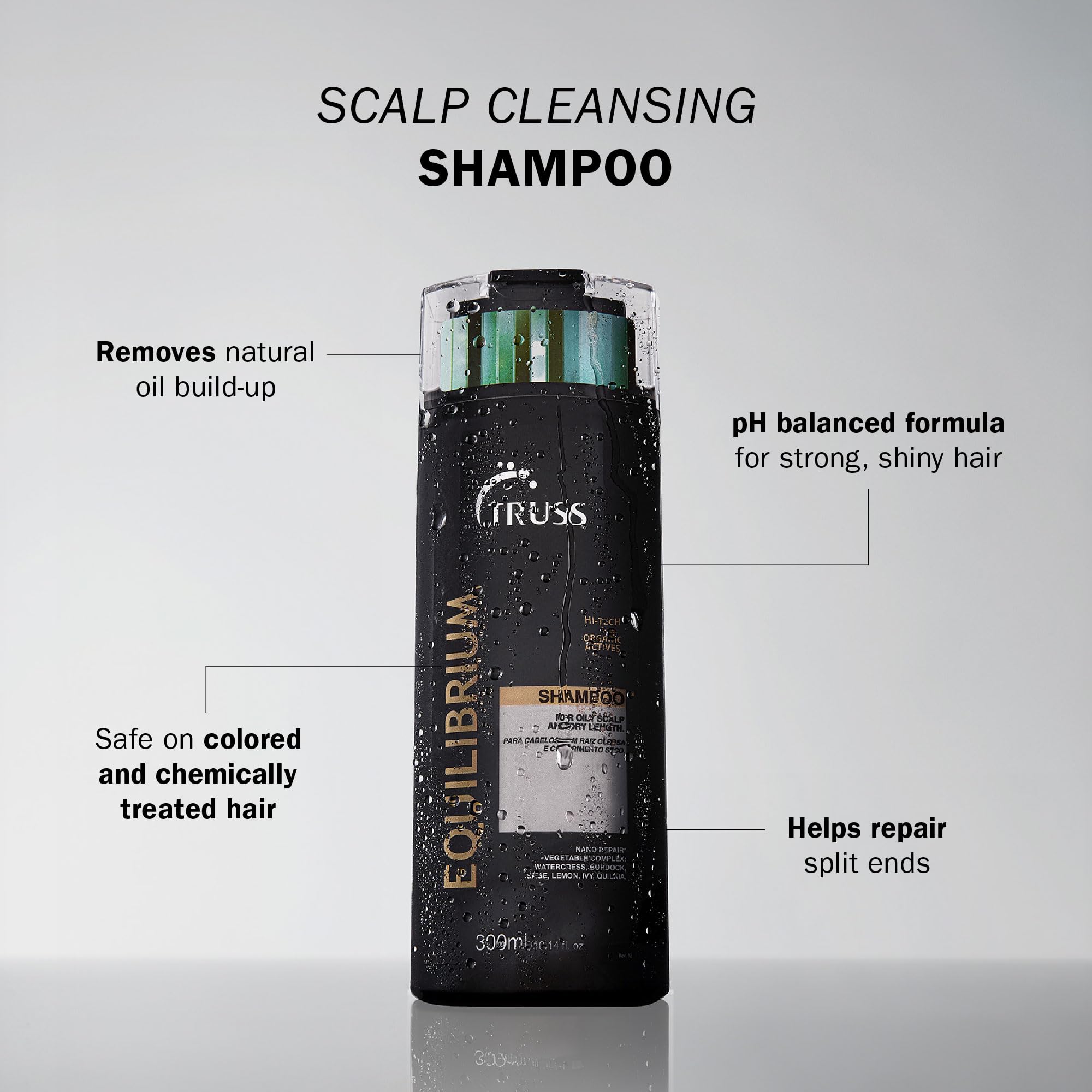 TRUSS Equilibrium scalp-suds demonstrate daily oil-control cleansing.