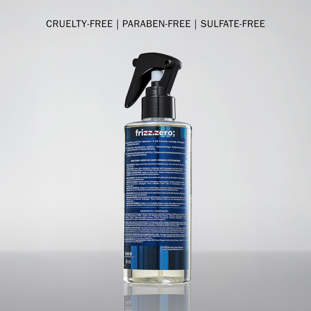 TRUSS Frizz Zero detangling spray seen with a comb for easy detangling