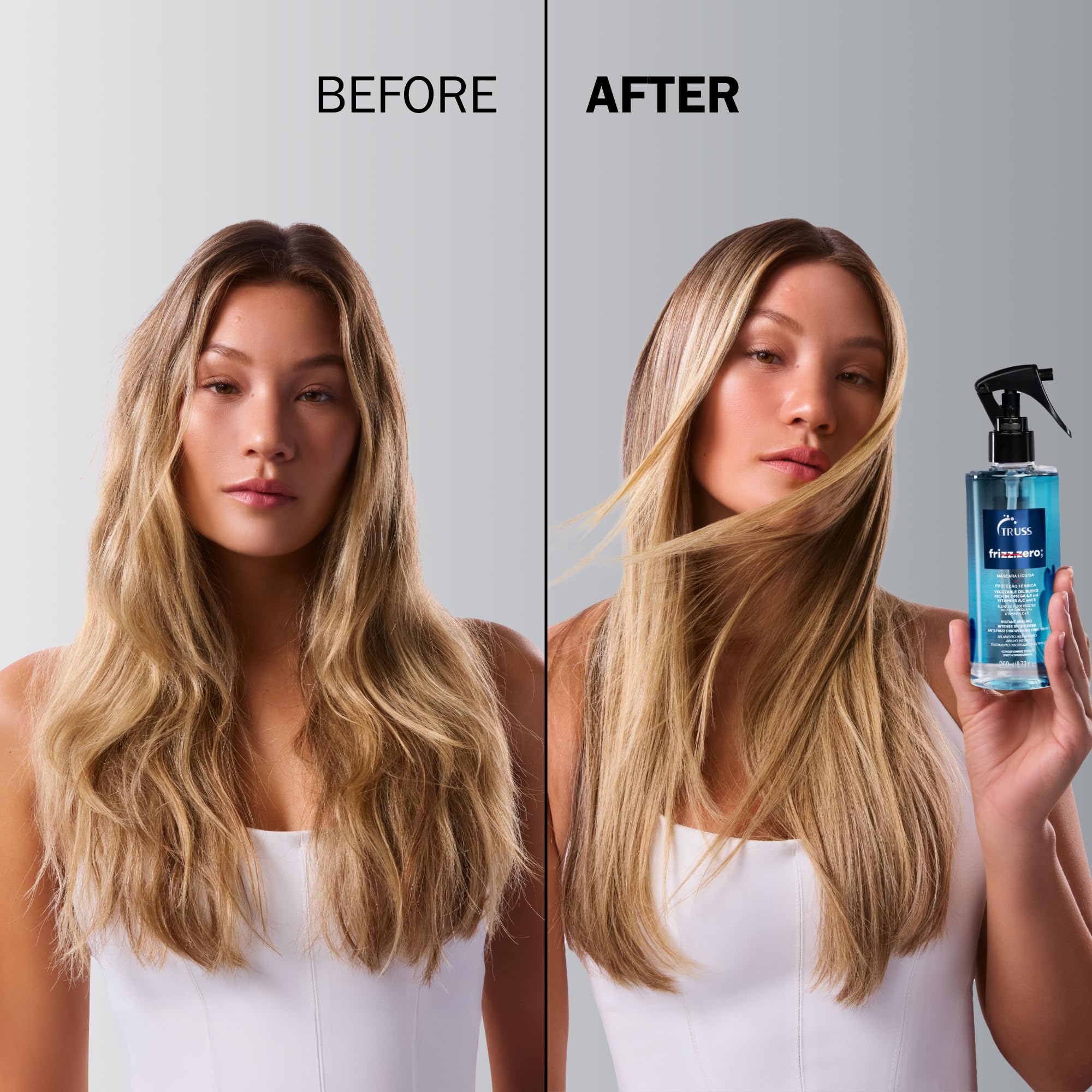 TRUSS Frizz Zero bottle held for convenient pre-shampoo use on smooth locks
