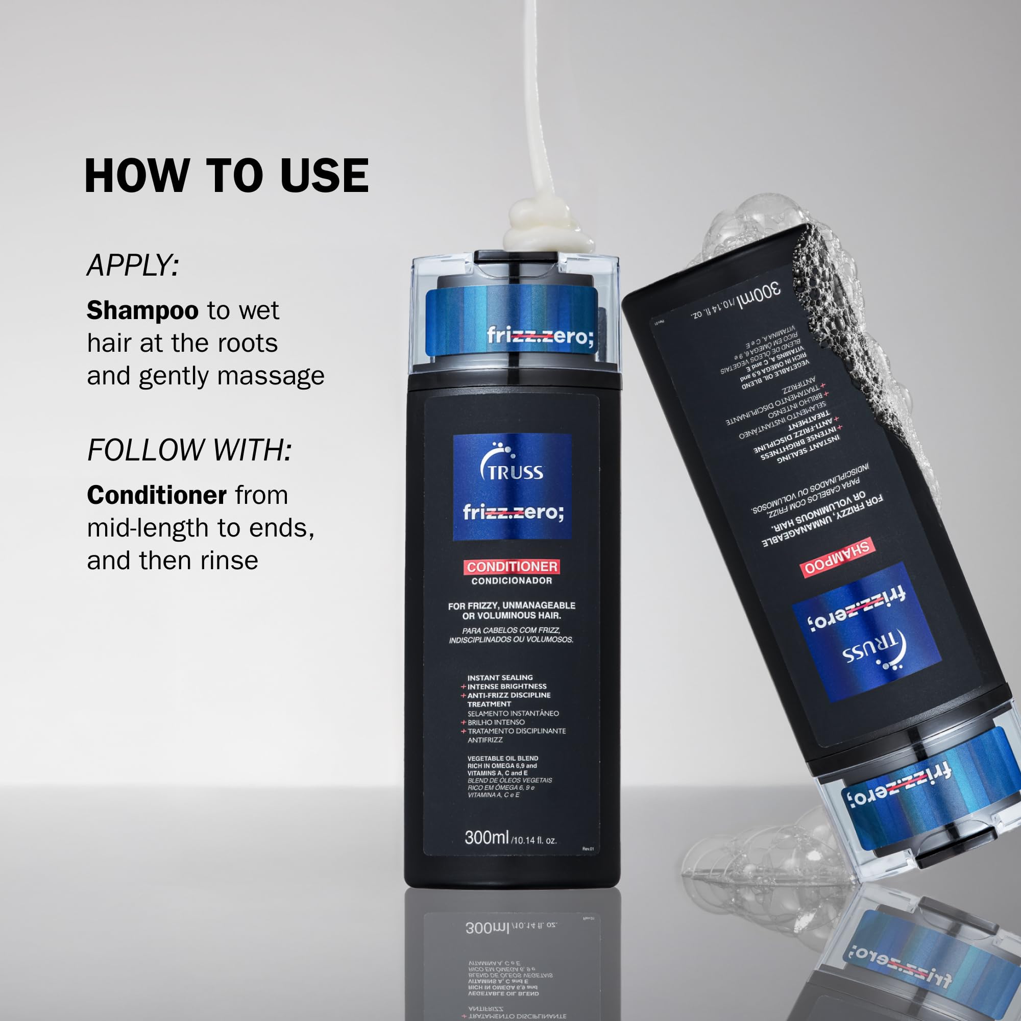 TRUSS Frizz Zero Shampoo after-wash hair showcases shine and smoother texture.