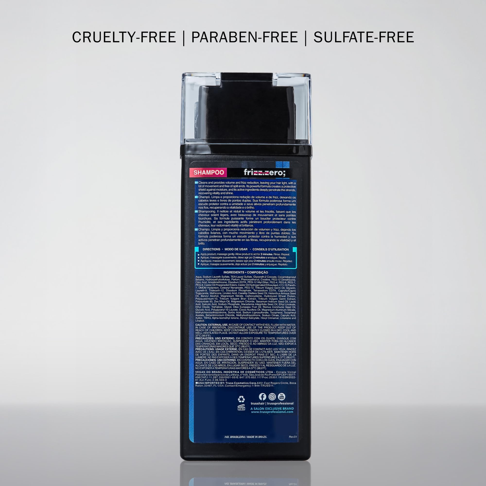 TRUSS Frizz Zero Shampoo packaging side view highlights an easy-to-find anti-frizz solution.