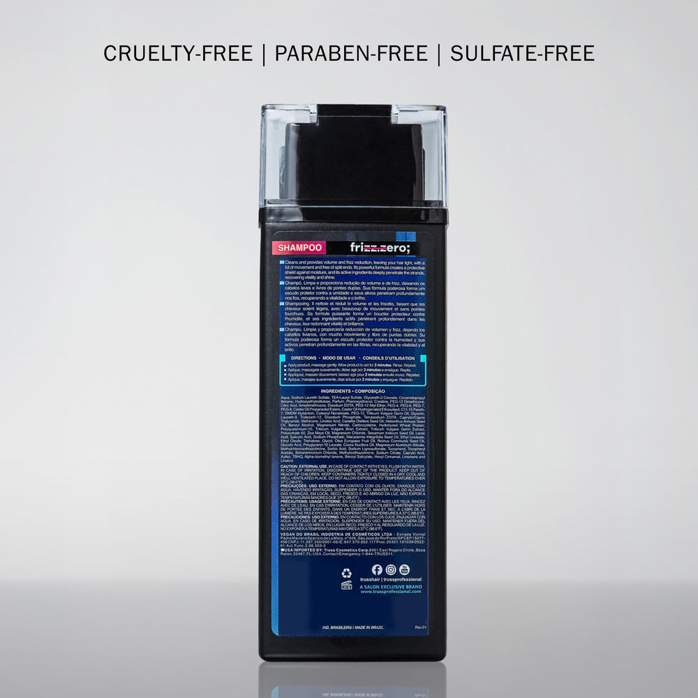 TRUSS Frizz Zero Shampoo packaging side view highlights an easy-to-find anti-frizz solution.
