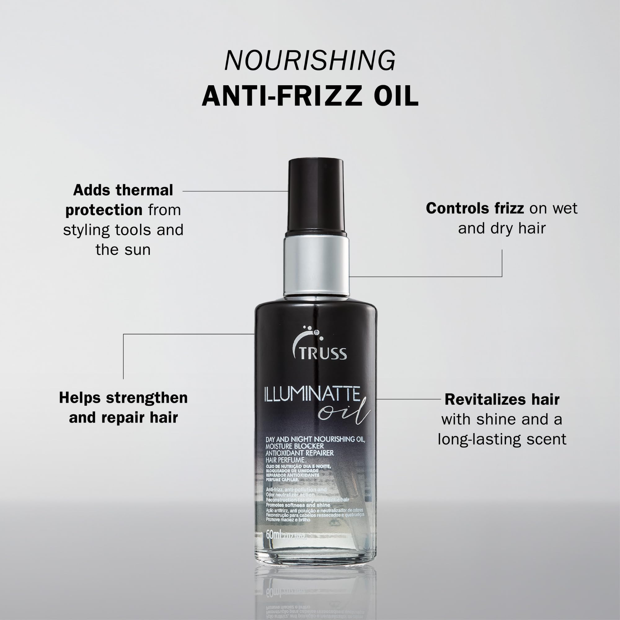 TRUSS Illuminatte bottle with pump highlighting heat protection for hot tools.