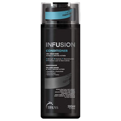 TRUSS Infusion bottle close-up showing premium restorative conditioner for dry hair