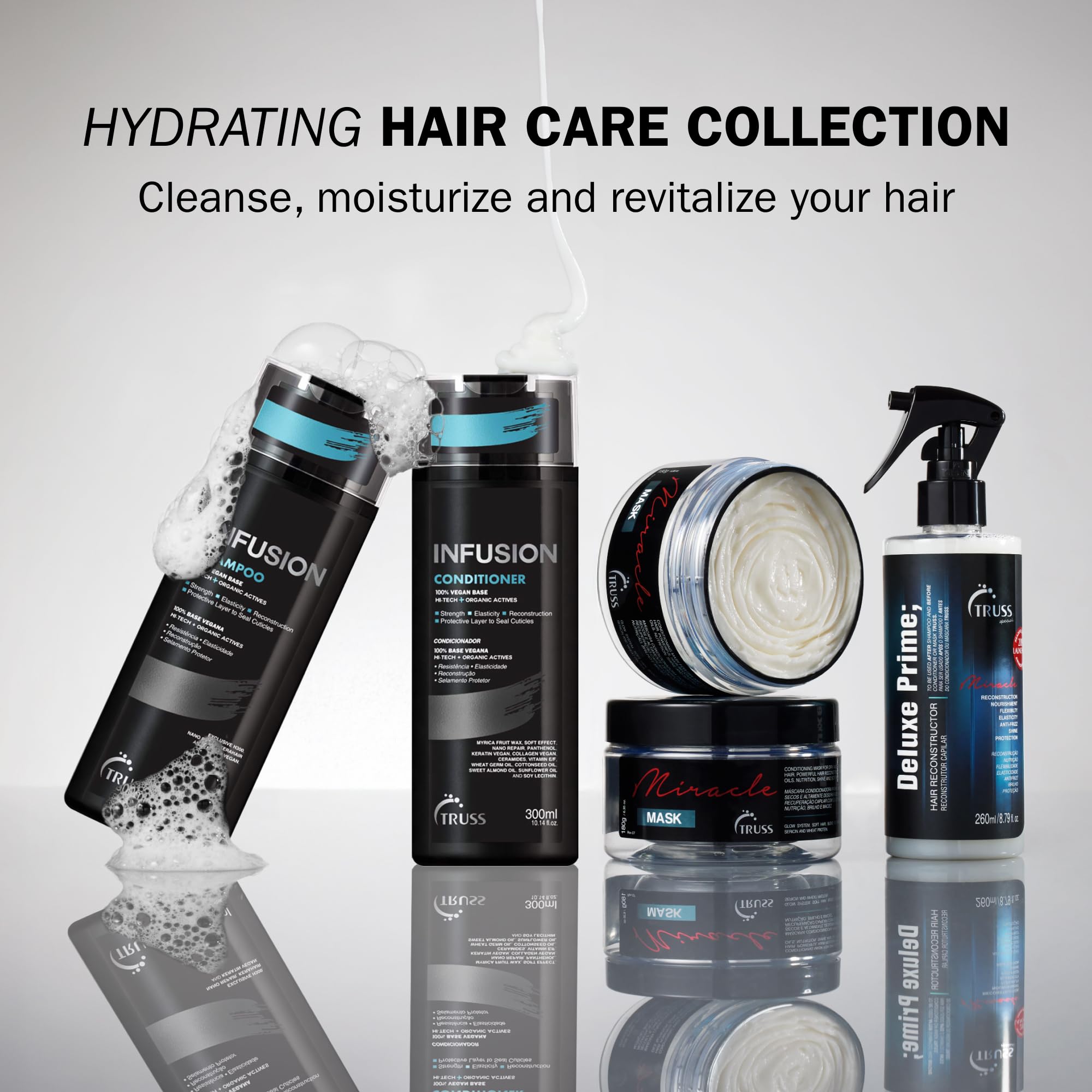 TRUSS Infusion Hair Shampoo with panthenol and vegan keratin supports softness.